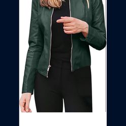 Women Jacket Coat Stand Collar Full Zip Motor Long Sleeve Faux Leather Biker Short Punk Cropped Tops Medium 