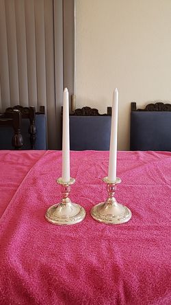 Two Candlestick Holders with 2 New White Candles 14" Tall Tarnish Resistant Read Below