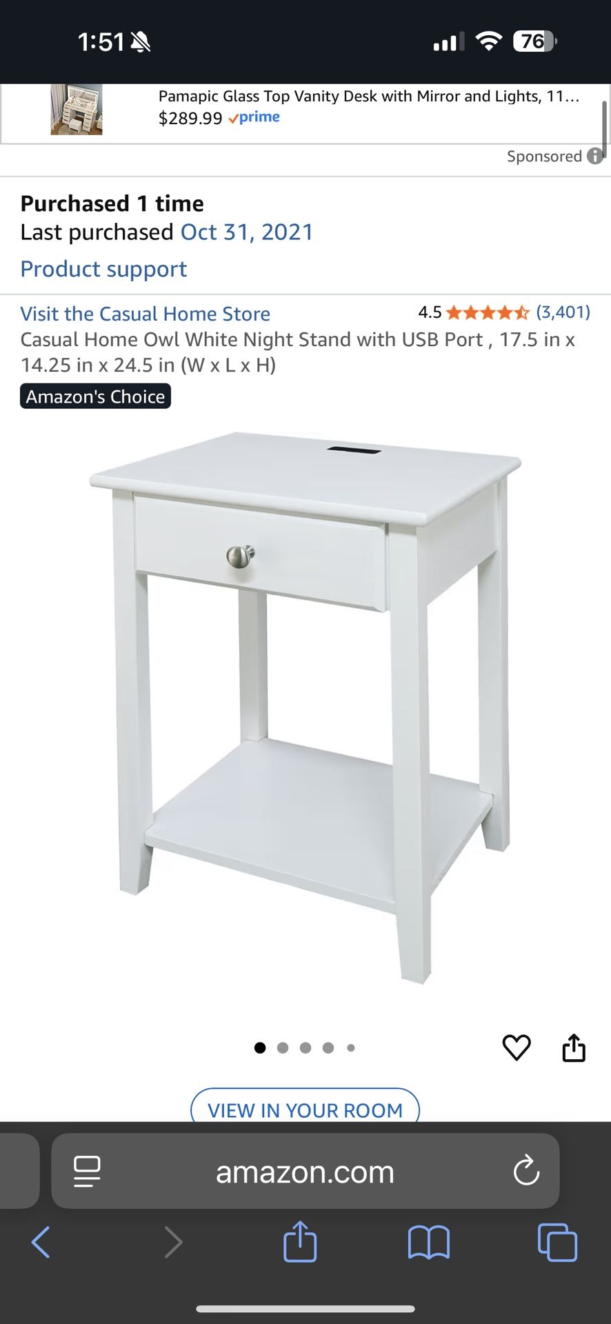 White Nightstand With USB Charge And Drawer