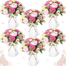 Domensi 6 Sets Wedding Floral Centerpiece for Table Decor, Artificial Peonies Silk Flowers Bouquet with Flower Foam and Metal Vase Faux Floral Arrange