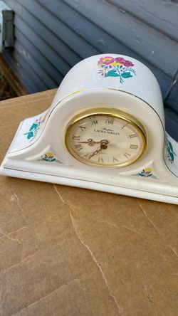 White Ceramic Quartz Mantle Clock Floral Gold Accents - Laura Ashley Parfums