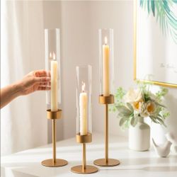 Set of 6 Glass Hurricane Candlestick Holders Gold - Romadedi Set of 6 Taper Candle Holder Bulk Tall Clear Glass Cylinder Table Centerpiece Wedding Dec