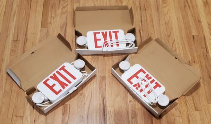 3 NEW Fulham Firehorse Emergency Exit Signs with LED Light Battery Backups