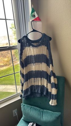 Blue and Cream Striped Distressed Knit Sweater