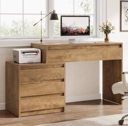 F2253 Computer Desk with 5 Drawers, Executive Home Office Desk with File Cabinet and Printer Stand, Industrial Rustic Wood Desk for Small Spaces, Stud