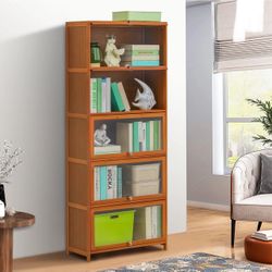 Bamboo/Acrylic 5 Shelves Bookcase with Door, Display Storage Rack, Brown, for Living Room, New in Box 