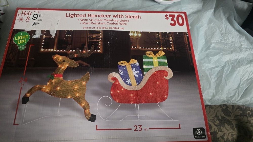LIGHTED REINDEER WITH SLEIGH 24in High 23 In Wide
