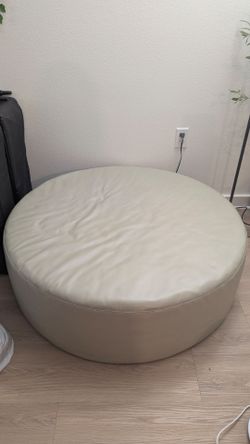 Large Round Cream Leather Ottoman