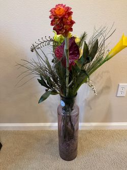 Tall Glass Vase with Faux Floral Arrangement