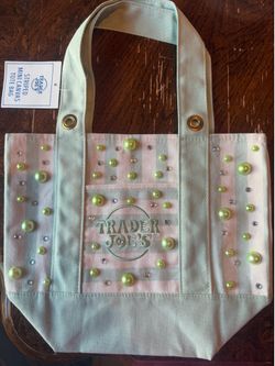 Trader Joe's Embellished Striped mini Canvas Tote,snap button closure, & Rivets