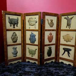 Vintage Asian Four-panel folding table screen wall decor represent ancient pottery censers and Ritual vessels 24.5"×16.5"