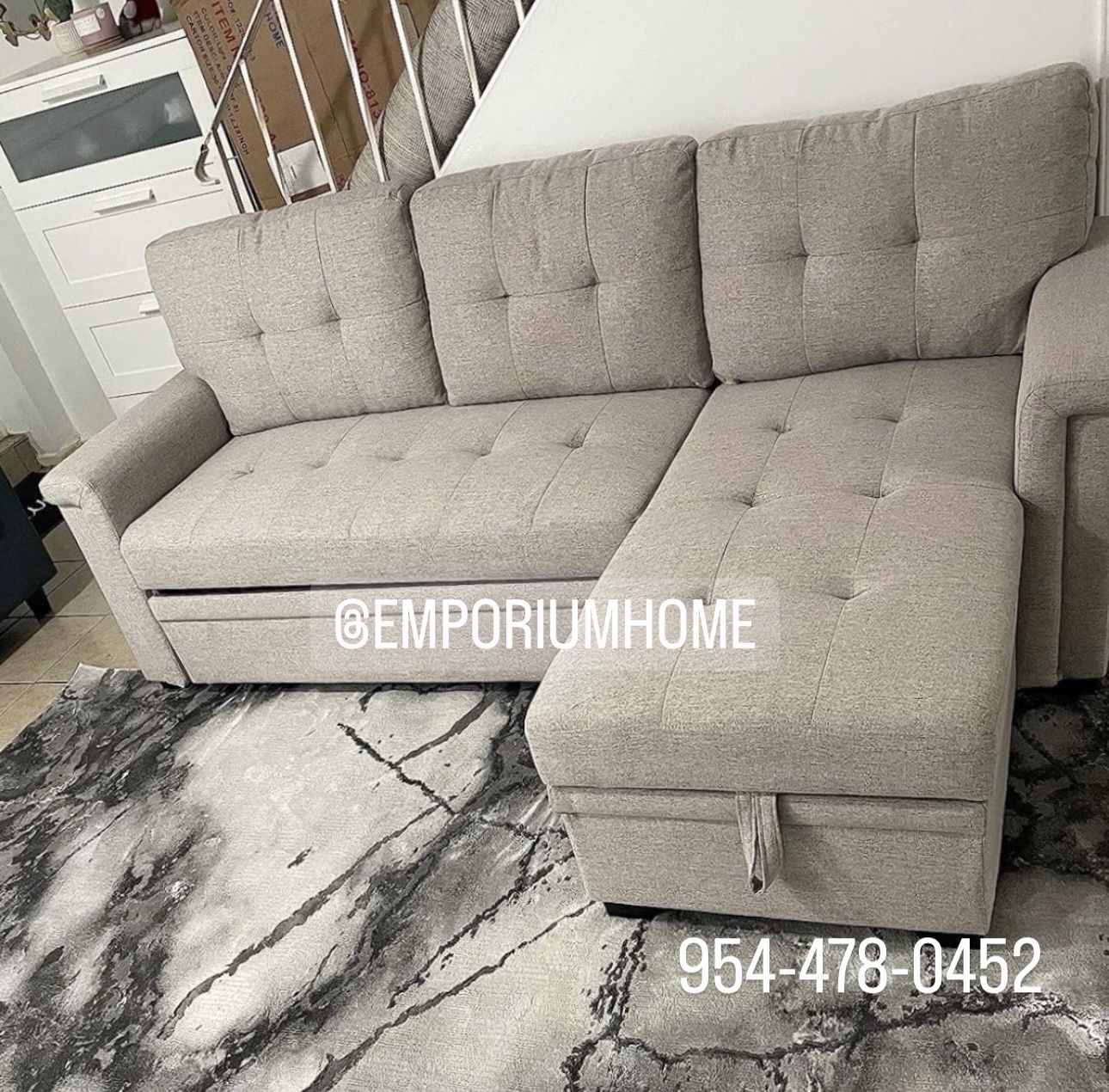 Grey Linen Sofa Sectional Sleeper With Storage 🔥buy Now Pay Later 