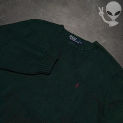 Polo Ralph Lauren Crewneck Sweater Mens XL Green Cotton Knit Vintage 90s Pony