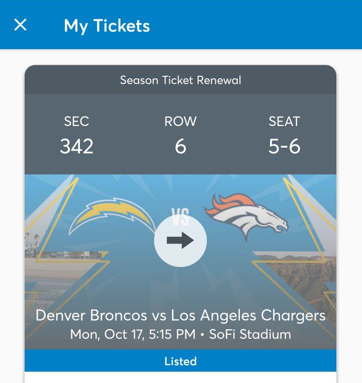 Pair Of Tickets Chargers Vs Broncos