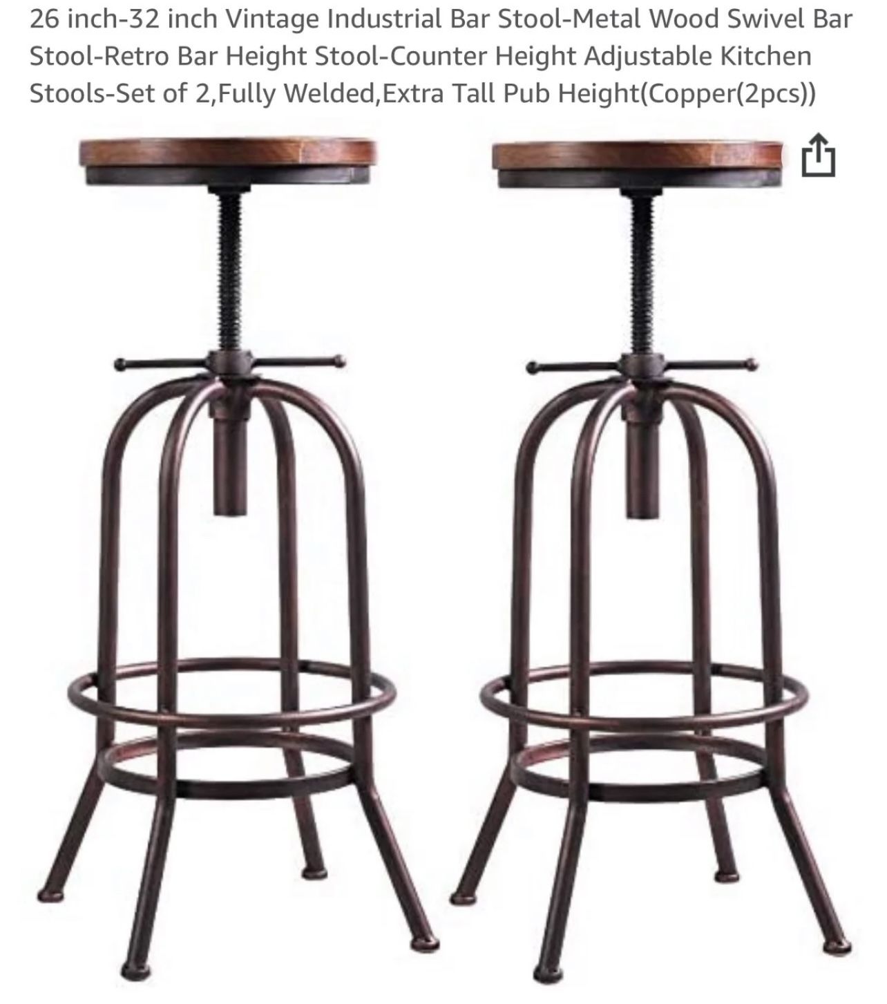 Bokkolik 26 inch-32 inch Vintage Industrial Bar Stool-Metal Wood Swivel Bar Stool-Retro Bar Height Stool-Counter Height Adjustable Kitchen Stools-Set