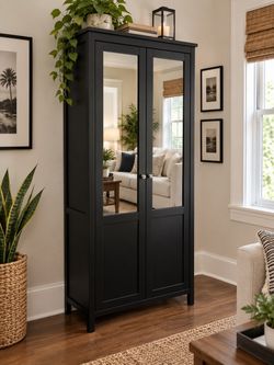 Delivery Available! Modern Black Wooden Two Glass Door Storage Cabinet Bookshelf! Shelves adjust. Good condition.  35x15x78in