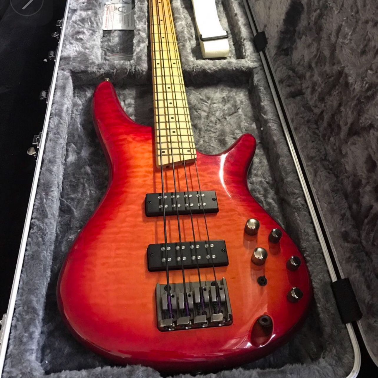 Bass Guitar-Ibanez *Rare Configuration* | SR400EMQM, Sunrise Red Burst, White Maple Neck. No longer available in stores.