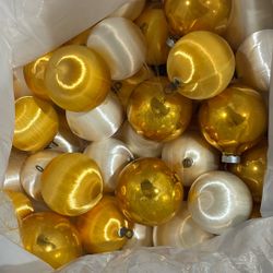 Yellow And White Satin Covered Xmas Tree Ornaments 