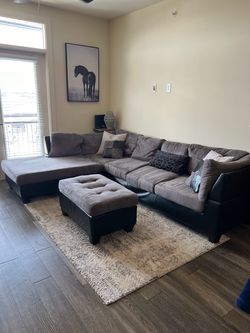 Grey & Black Sectional Couch + Ottoman