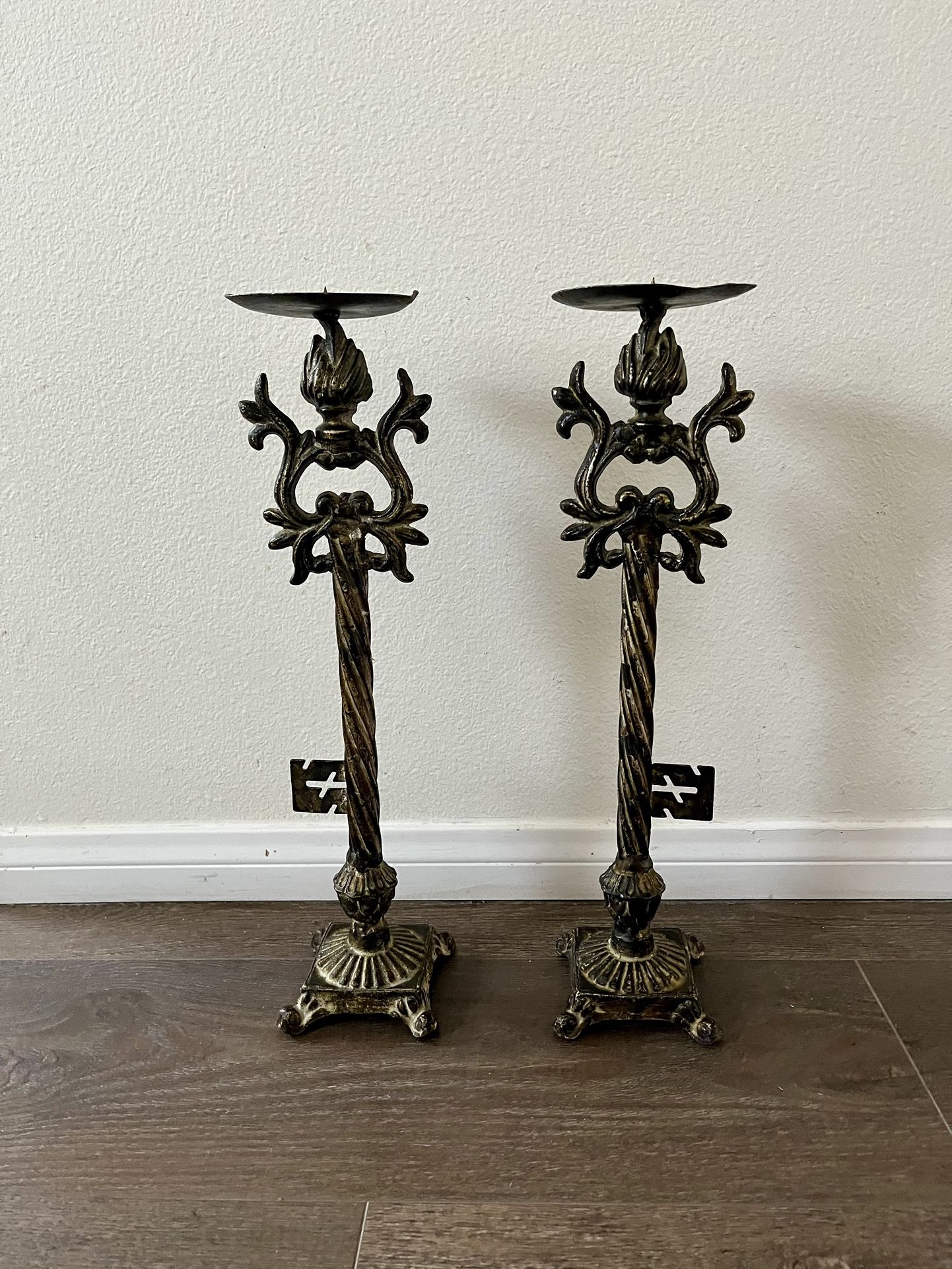 Vintage Ornate Metal Candle Holders Set of 2 Antique Finish 19 Inches Tall