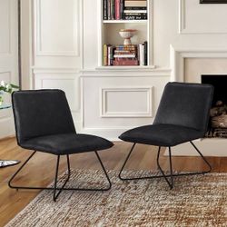Mid Century Faux Leather Accent Chair With Adjustable Backrest Set of 2. Black