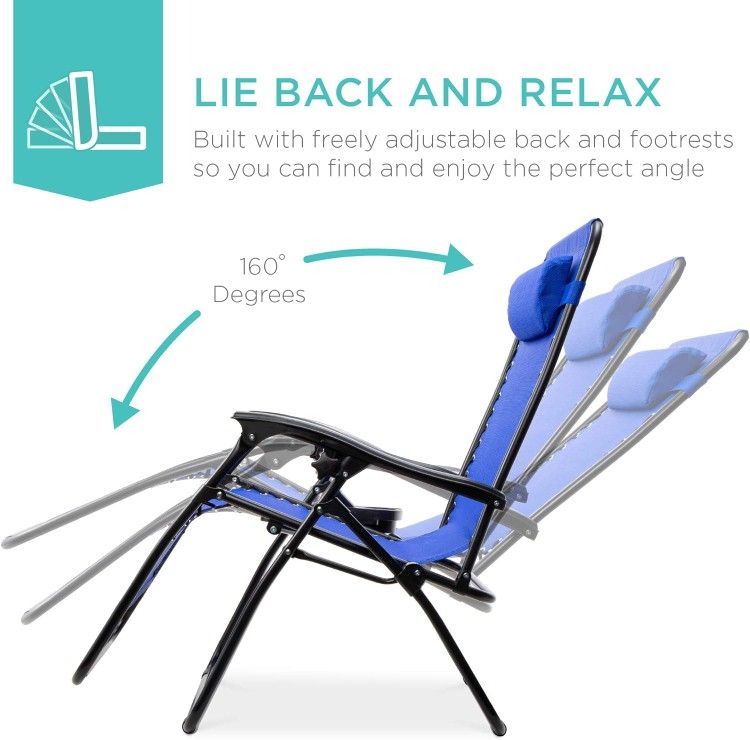 Best Choice Products 1 Adjustable Steel Mesh Zero Gravity Lounge Chair Recliners w Pillows and Cup Holder Trays, Cobalt Blue