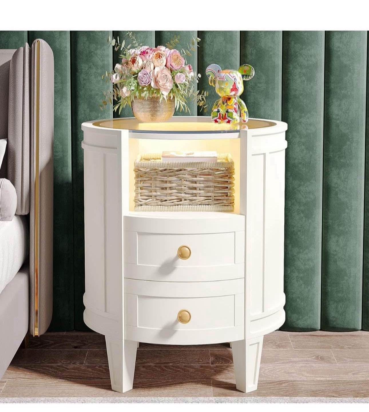 Oval LED Nightstand with Glass top, Ivory White (Brand New)