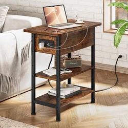Brown End Side Table with Charging Station with USB Ports and Outlets for Living Room Bedroom Nightstand with Shelve
