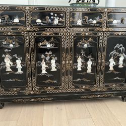 Black Lacquer Mother of Pearl Oriental Accent Cabinet 