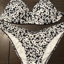 Pink by Victoria’s Secret swim set White Dark Blue Floral size L/S 