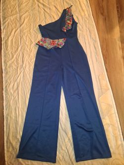 Blue One-Shoulder Floral Ruffle Jumpsuit