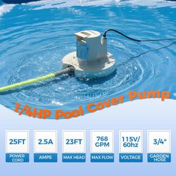 brand new Automatic Pool Cover Pump 115V, 1/4HP, 1860GPH Submersible, Swimming Pool Cover Pump 3/4" Garden Hose with 25-Ft. Cord for Pool, Hot Tubs, R