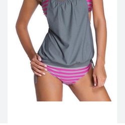 Tankini top with built-in striped sports bra and side-tie striped bikini bottoms, size small - NEW