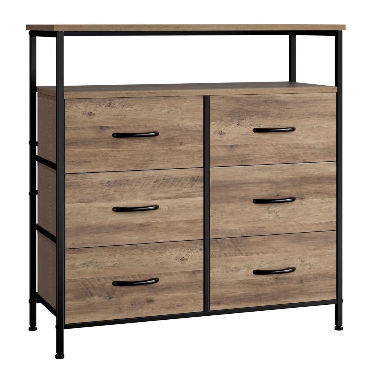 Dresser for Bedroom with 6 Drawers, Dresser TV Stand with Open Shelves, Chest of Drawers for Closet, Clothes, Wood Top,