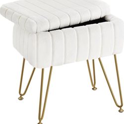 Vanity Stool Chair Faux Fur with Storage, 15.7"L x 11.8"W x 19.4"H Soft Ottoman 4 Metal Legs with Anti-Slip Feet, Furry Padded Seat, Modern Multifunct