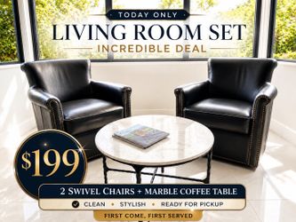 Living Room Set – 2 Black Swivel Chairs + Marble Coffee Table – $199 Today
