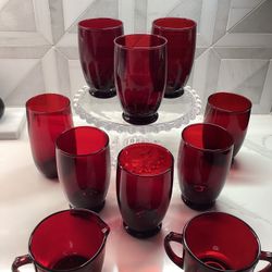 (SET OF 8  (12 oz) GLASSES + SUGAR & CREAMER) Vintage 70’s Anchor Hocking Royal Ruby Red 