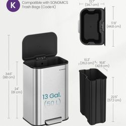 Kitchen Trash Can, 13-Gallon (50 L) Garbage Can with Lid, Stainless Steel, Soft Close and Stays Open, Inner Bucket, Wide Non-Slip Pedal, M