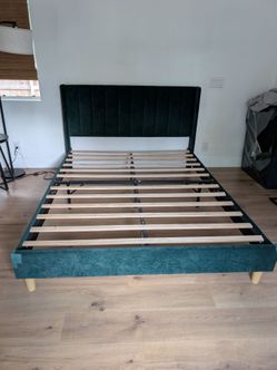 Green velvet queen size bed frame