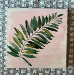 Botanical Leaf Watercolor Painting on Canvas 16x16