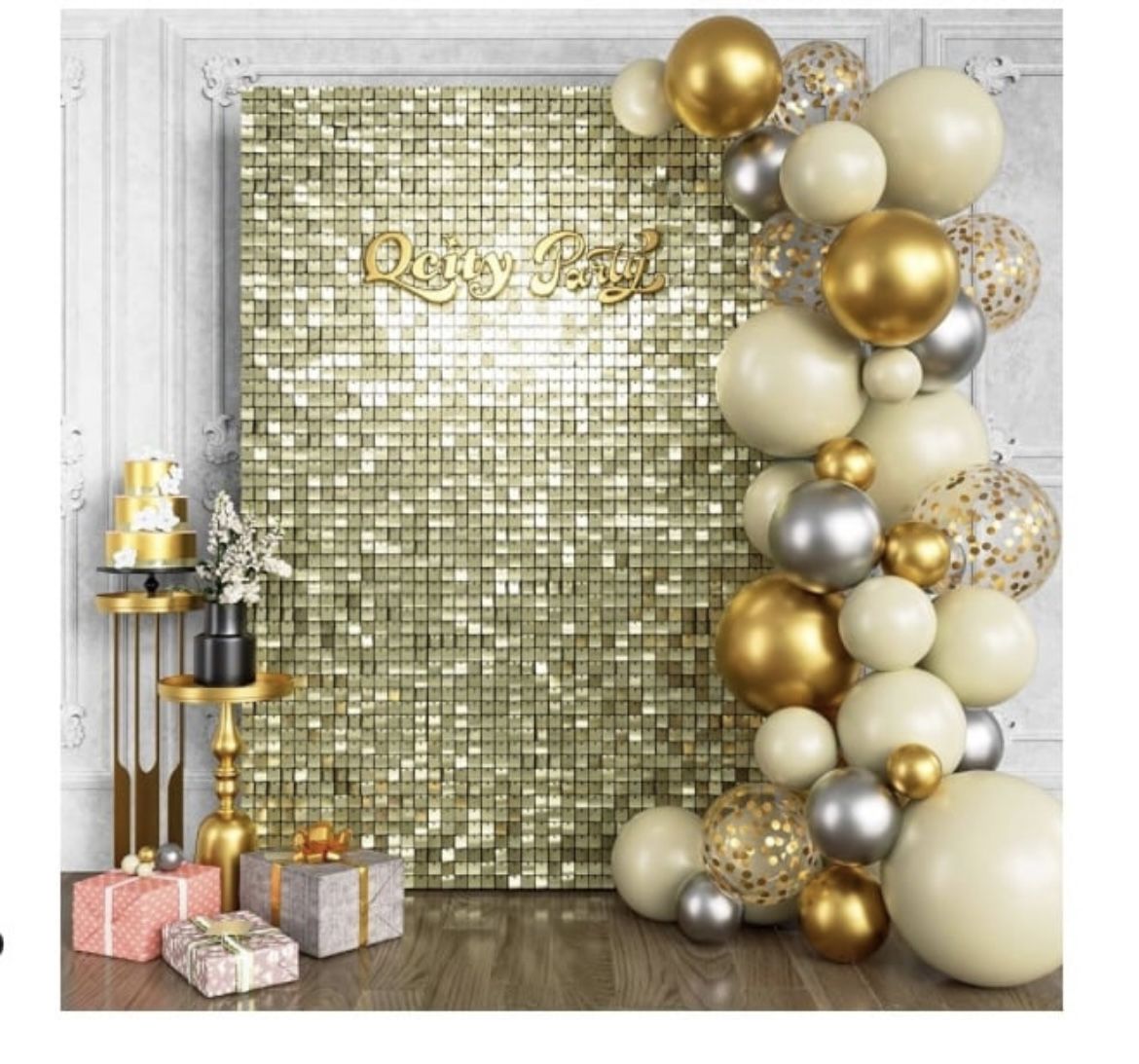 Light Gold Shimmer Wall Backdrop, Shiny Sequins, 24 Panels