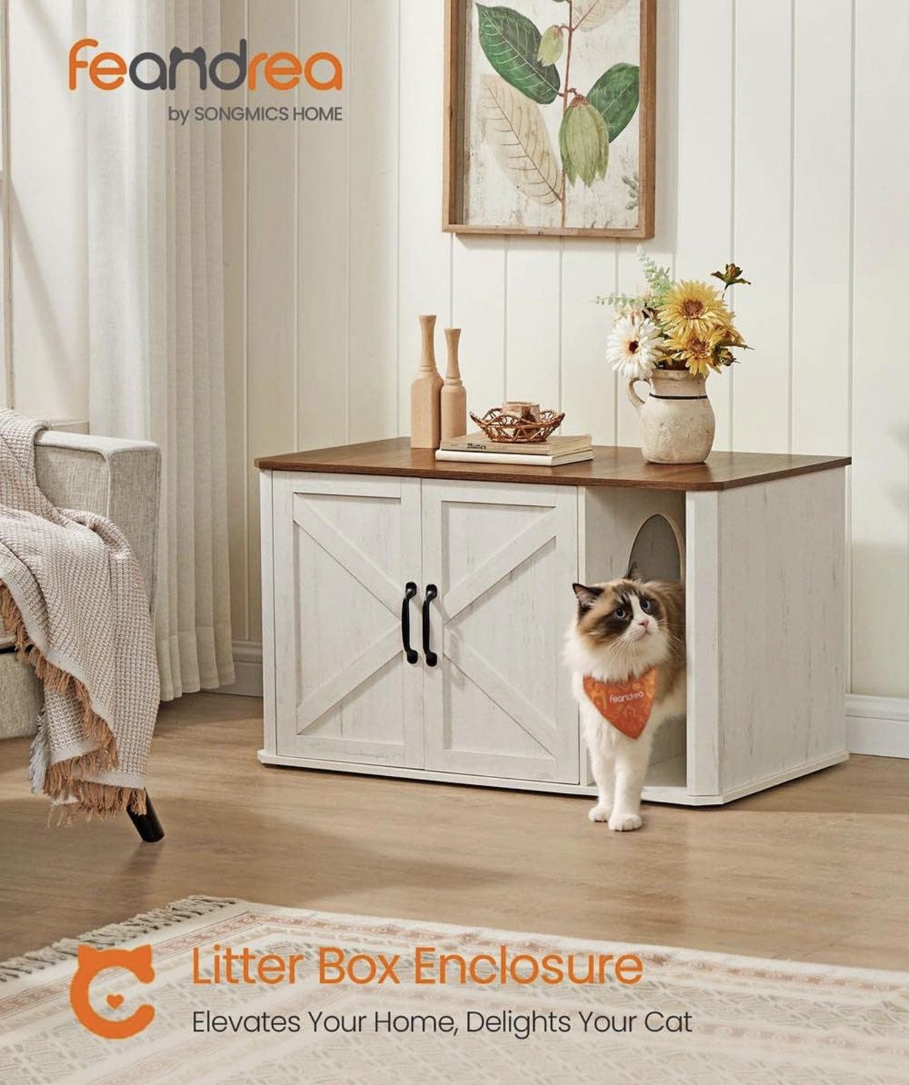   Feandrea Litter Box Enclosure, Modern Cat Litter Box Furniture Hidden, Front Entry, Double Doors, Handles, Cat House, Side End Table, 33.5