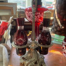 Antique Ruby Glass Cruet Set With Stand Etched Bohemian Glass 