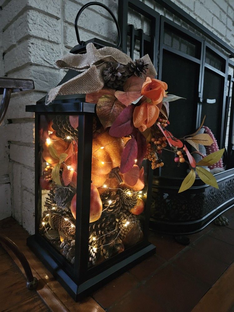 Large Autumn Fall Harvest Home Decor Lantern With Fairy Lights