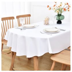 Qty 3 White Oval Tablecloths 60x102 inch, Heavy Duty Polyester Fabric, Reusable | Washable