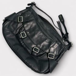 Abro Black leather shoulder bag with silver hardware and adjustable straps leather   Leather Made in Romania 16 width 10 height  4 inches  Handle to b