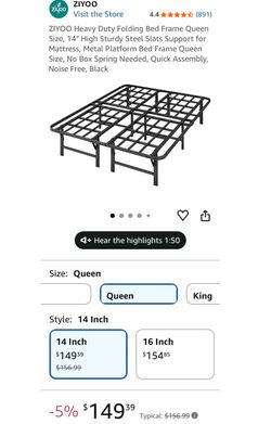 Heavy Duty Folding Bed Frame Queen Size, 14" High Sturdy Steel Slats, Metal Platform-Quick Assembly