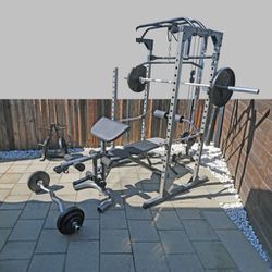 Heavy Rack, Cable System, Barbells, Bench, Dumbbells, and Weights 