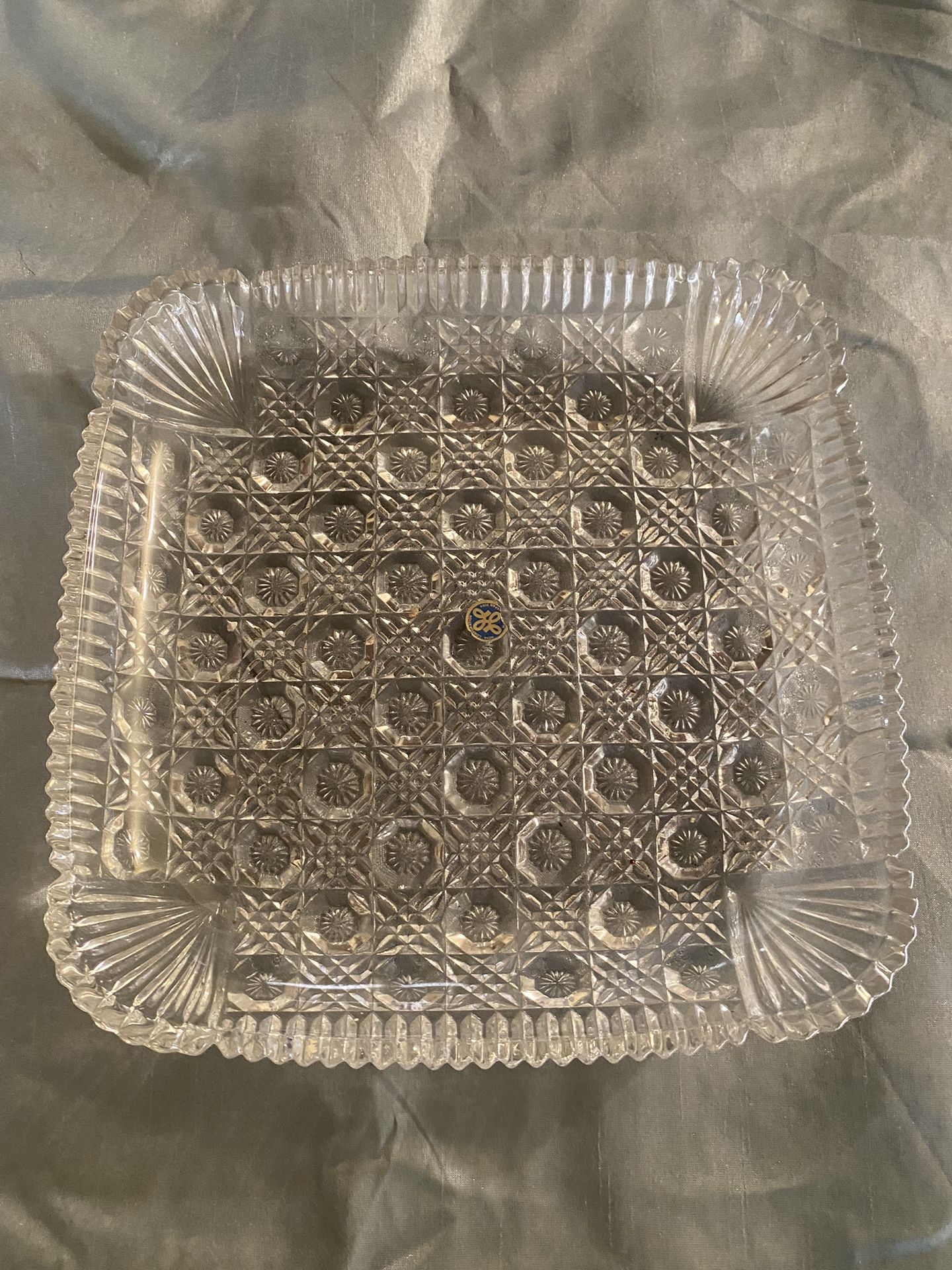 Bohemian Czech Hand Carved “Queens Lace” Crystal Square Dish