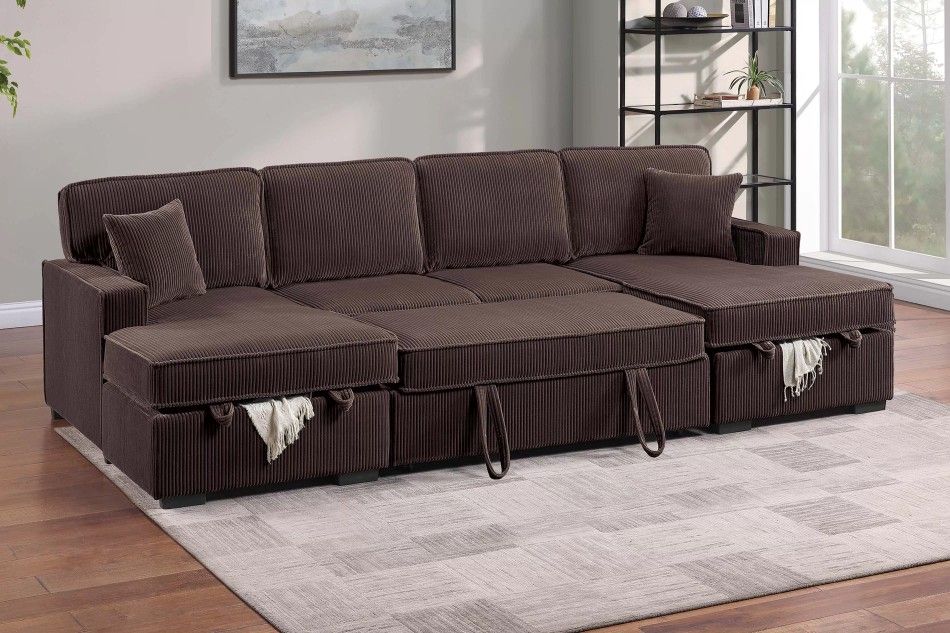 Brand New Brown Corduroy Sectional Sofa Storage Sleeper